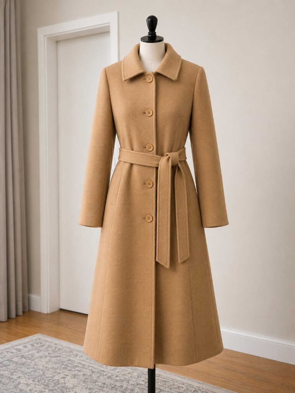 MESSY Camel 70% Wool Blend Long Coat – Classic Belted
